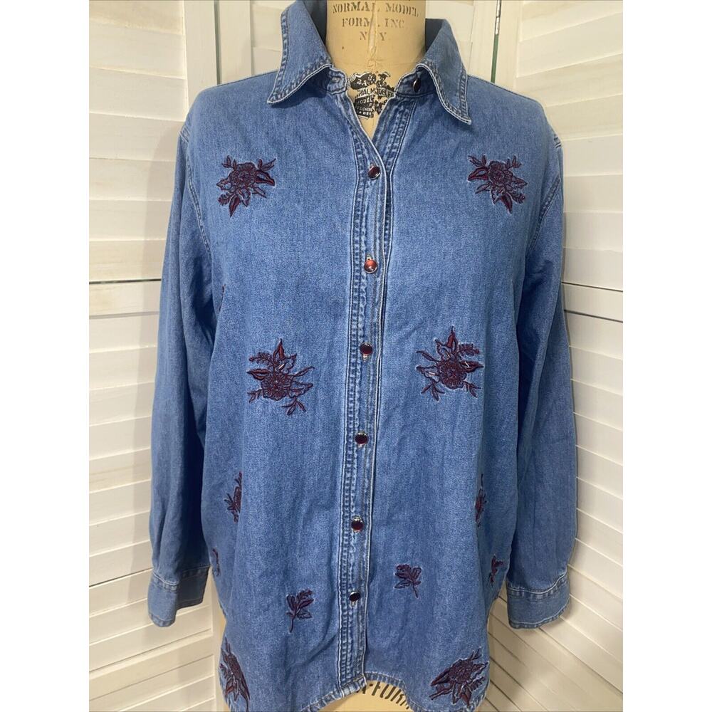 VTG 80s Mesa HSN Blue Denim Jean L/S Cotton Button Up Shirt Embroidered Large